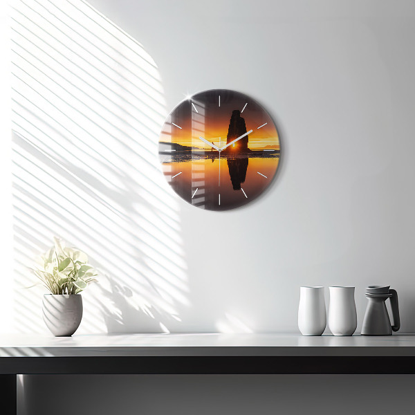 Round glass wall clock Runner and sunset