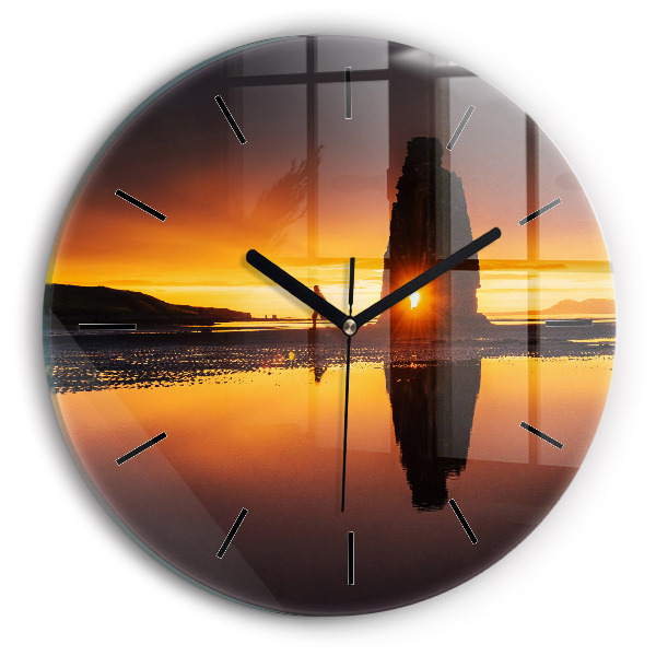 Round glass wall clock Runner and sunset