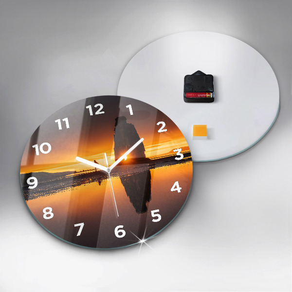 Round glass wall clock Runner and sunset