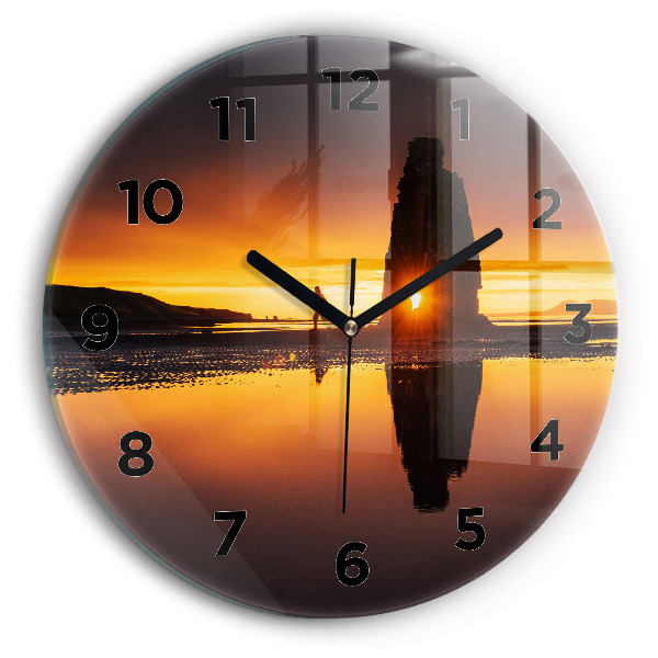 Round glass wall clock Runner and sunset
