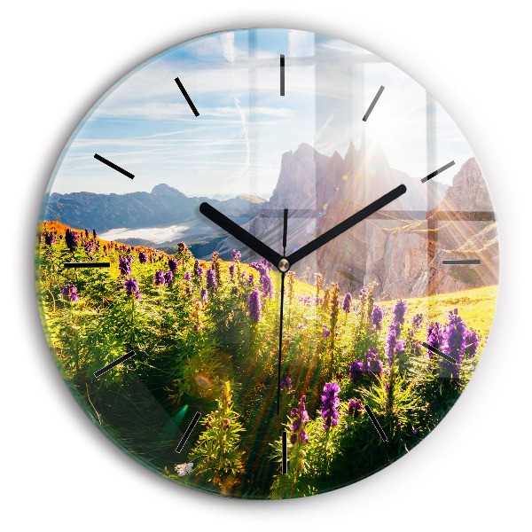 Round glass wall clock Lavender Meadow