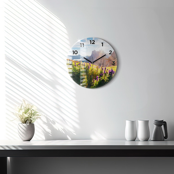 Round glass wall clock Lavender Meadow