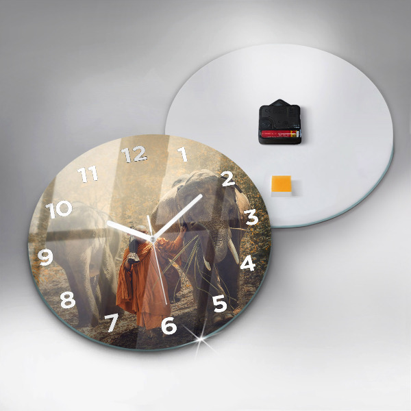 Round glass wall clock Monk leading elephants
