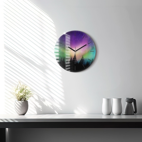 Round glass wall clock Northern lights