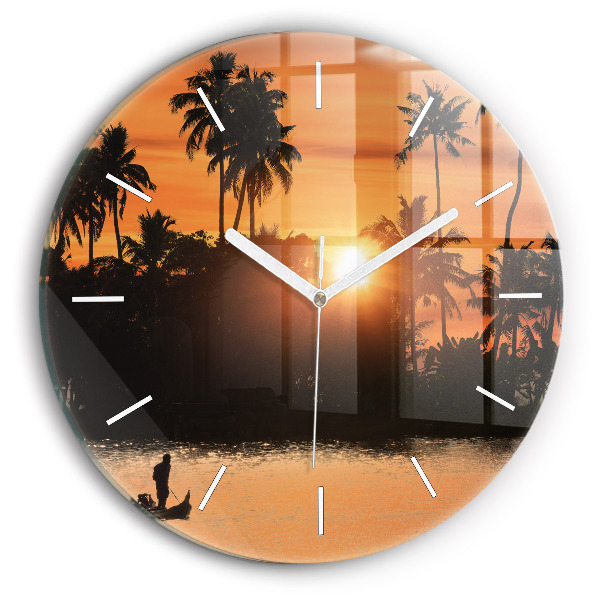 Round glass wall clock Sunset and palm trees