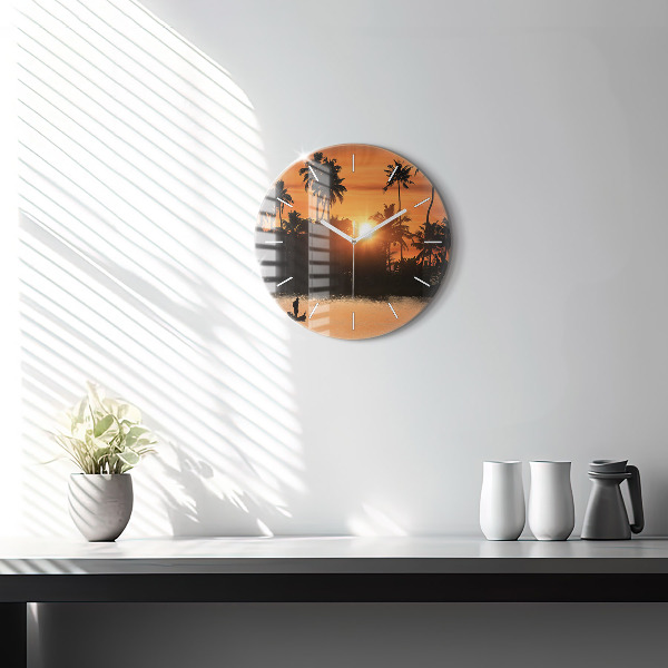 Round glass wall clock Sunset and palm trees
