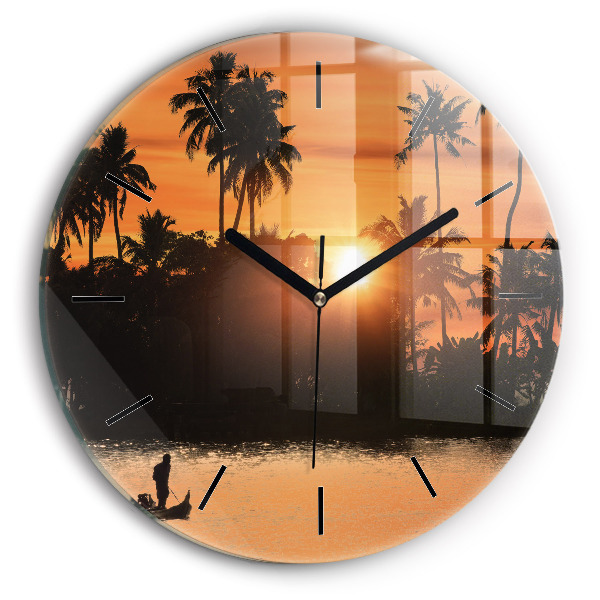 Round glass wall clock Sunset and palm trees