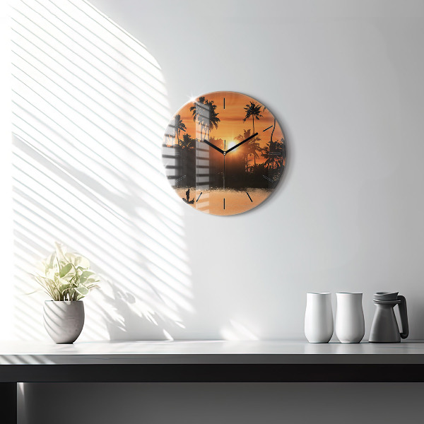 Round glass wall clock Sunset and palm trees