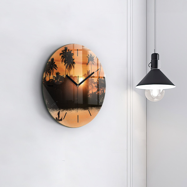 Round glass wall clock Sunset and palm trees