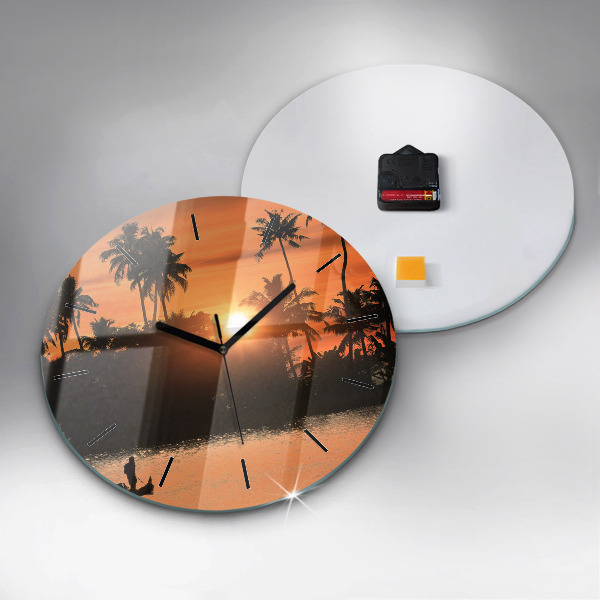 Round glass wall clock Sunset and palm trees