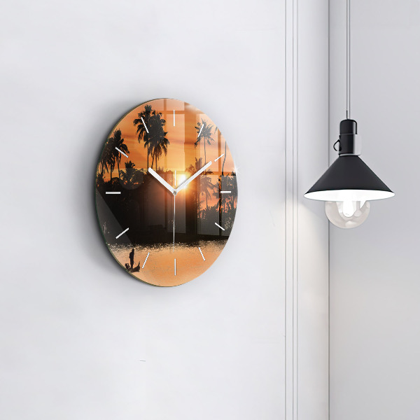Round glass wall clock Sunset and palm trees