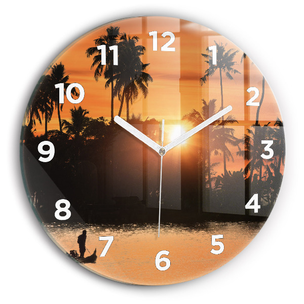 Round glass wall clock Sunset and palm trees