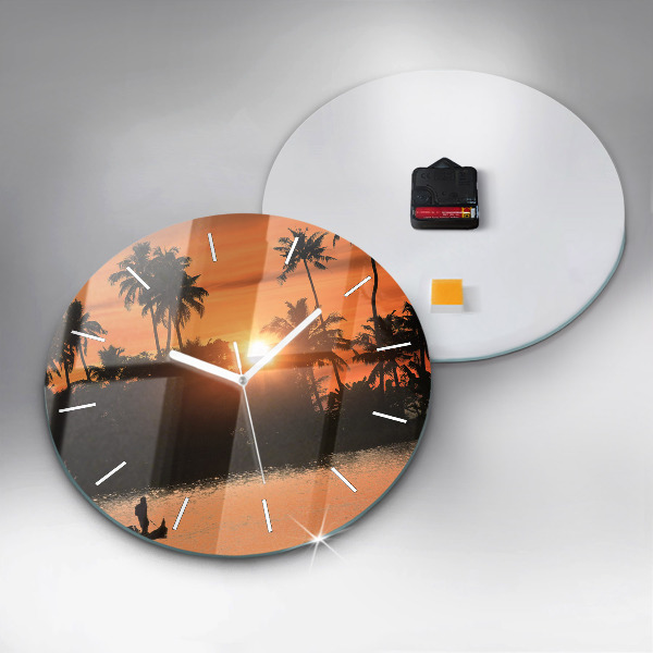 Round glass wall clock Sunset and palm trees