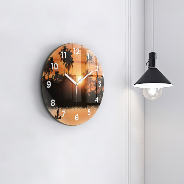 Round glass wall clock Sunset and palm trees