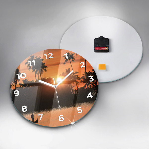 Round glass wall clock Sunset and palm trees
