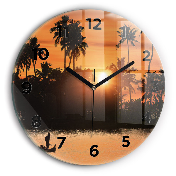 Round glass wall clock Sunset and palm trees