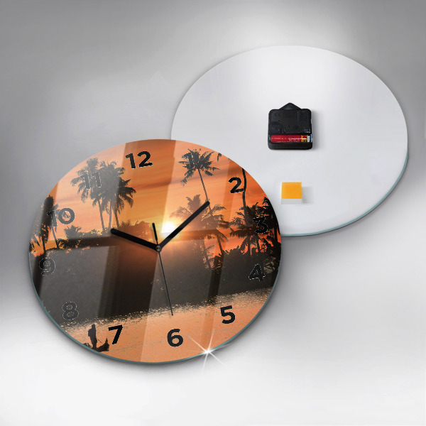 Round glass wall clock Sunset and palm trees