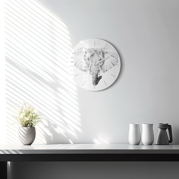 Round glass wall clock Graphic elephant head