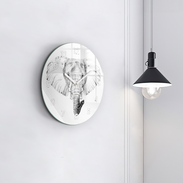Round glass wall clock Graphic elephant head