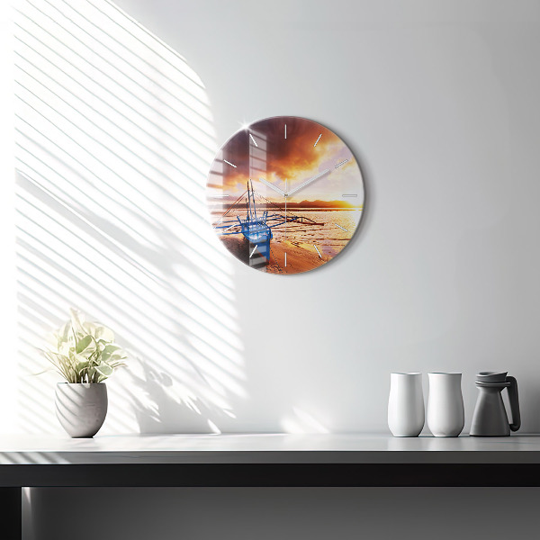 Round glass wall clock Boat and sunset