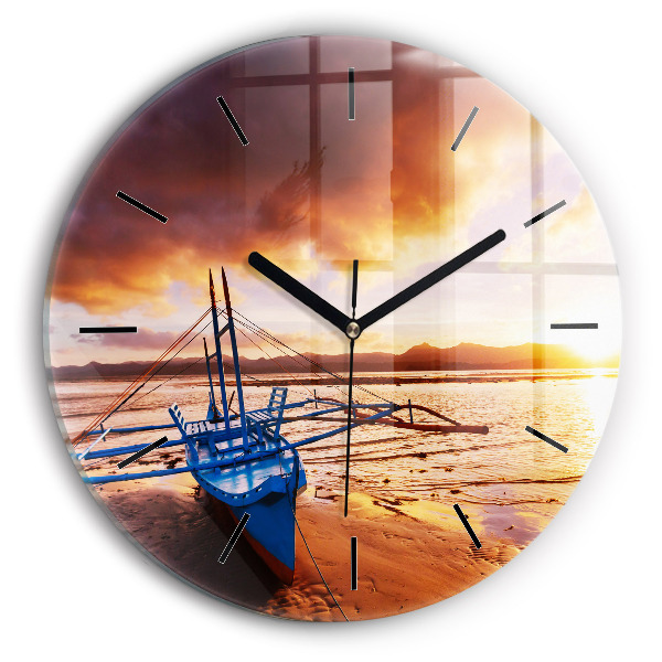 Round glass wall clock Boat and sunset