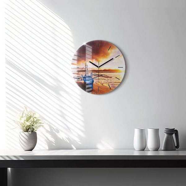 Round glass wall clock Boat and sunset