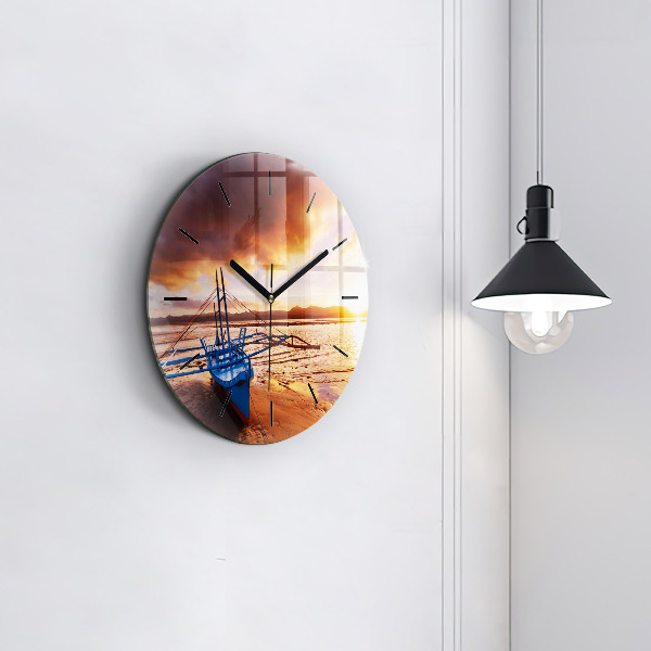 Round glass wall clock Boat and sunset