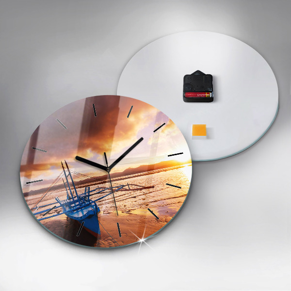 Round glass wall clock Boat and sunset