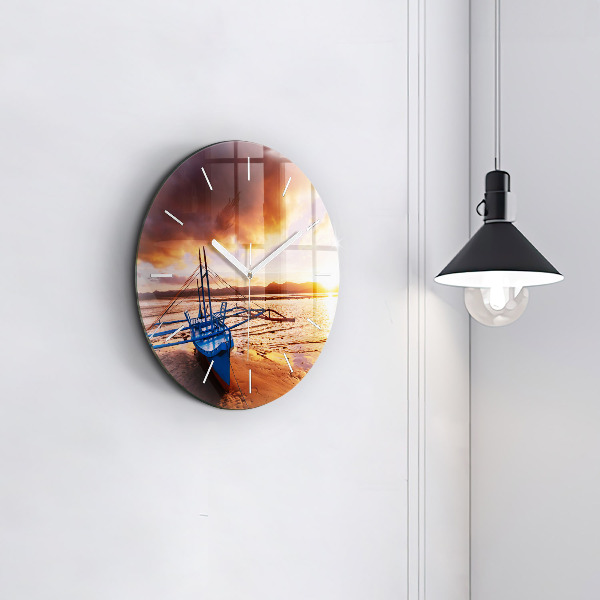 Round glass wall clock Boat and sunset