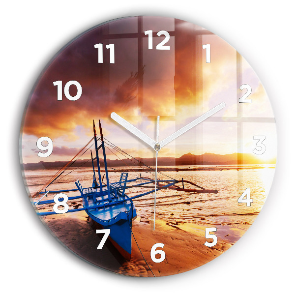 Round glass wall clock Boat and sunset