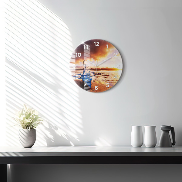 Round glass wall clock Boat and sunset