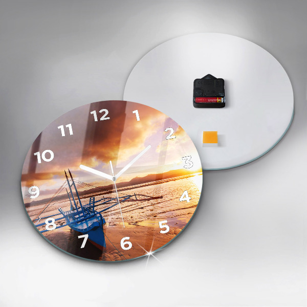 Round glass wall clock Boat and sunset
