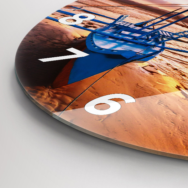 Round glass wall clock Boat and sunset