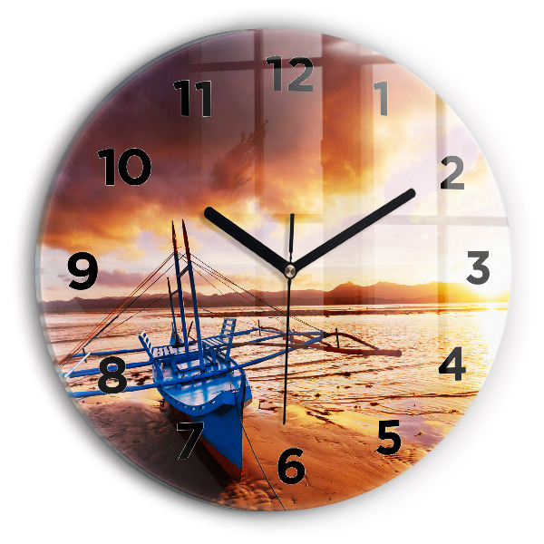 Round glass wall clock Boat and sunset