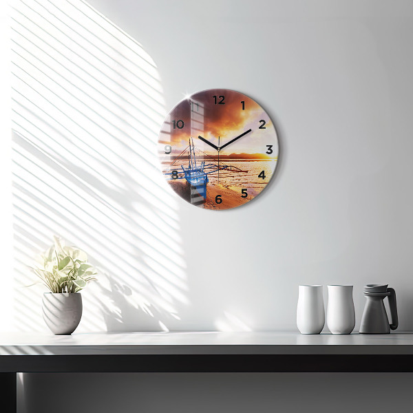 Round glass wall clock Boat and sunset