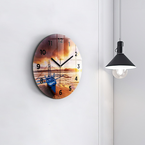 Round glass wall clock Boat and sunset