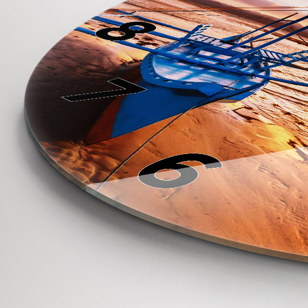 Round glass wall clock Boat and sunset