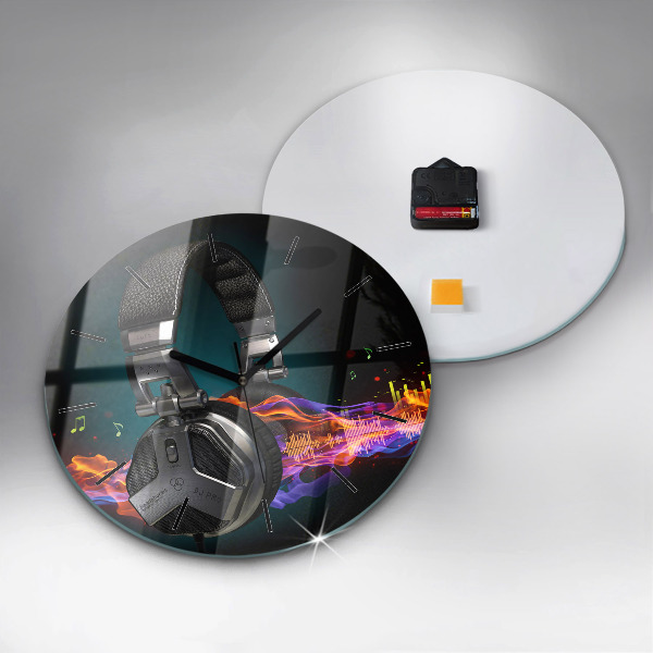 Round glass wall clock Headphones and sound waves