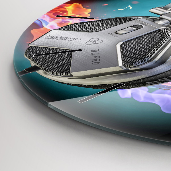 Round glass wall clock Headphones and sound waves