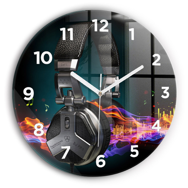 Round glass wall clock Headphones and sound waves