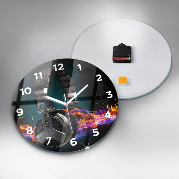 Round glass wall clock Headphones and sound waves