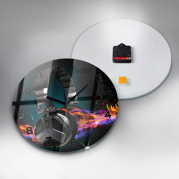 Round glass wall clock Headphones and sound waves