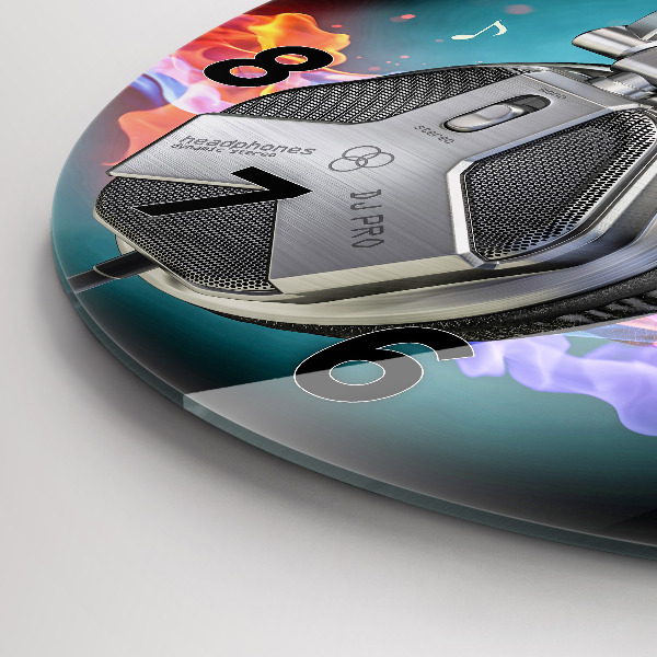 Round glass wall clock Headphones and sound waves
