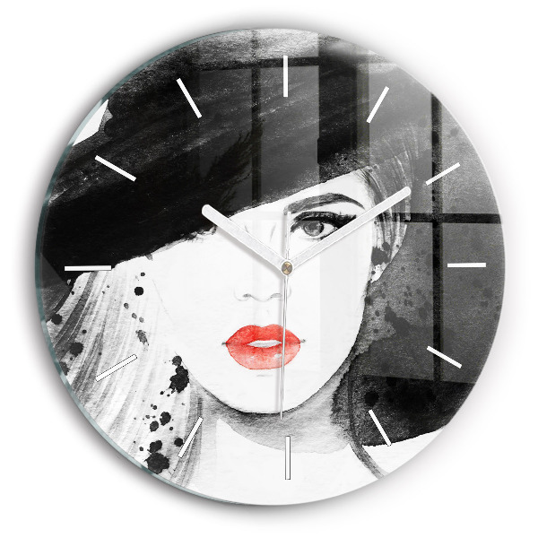 Round glass wall clock Woman in a hat