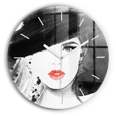 Round glass wall clock Woman in a hat