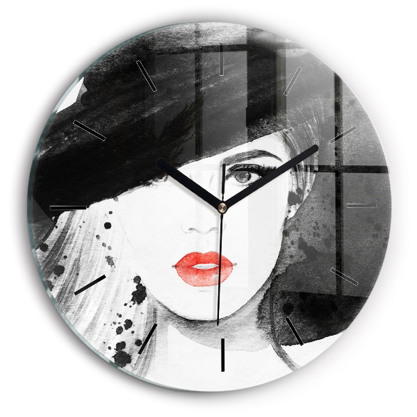 Round glass wall clock Woman in a hat