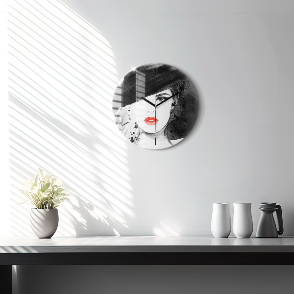 Round glass wall clock Woman in a hat
