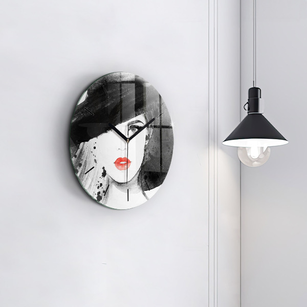 Round glass wall clock Woman in a hat
