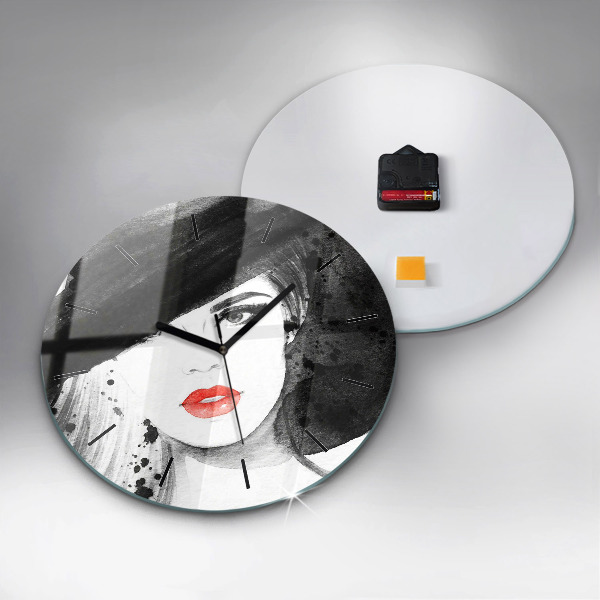 Round glass wall clock Woman in a hat