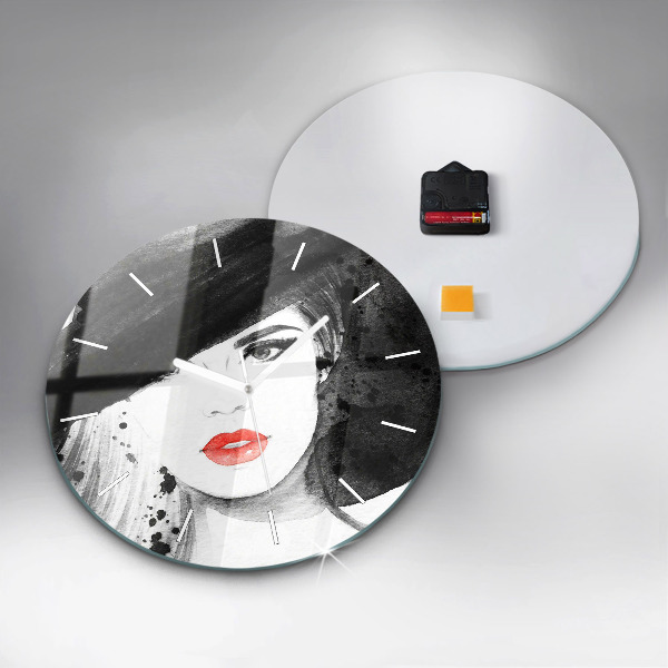Round glass wall clock Woman in a hat